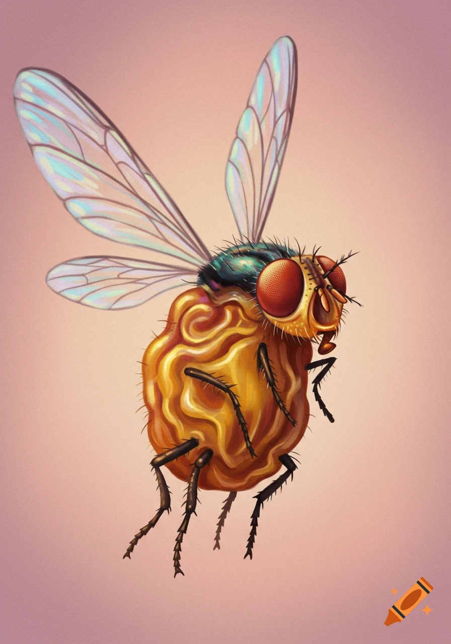An illustrative cartoon of a whimsical fly creature with large eyes, delicate wings, and a golden, textured raisin-like body.