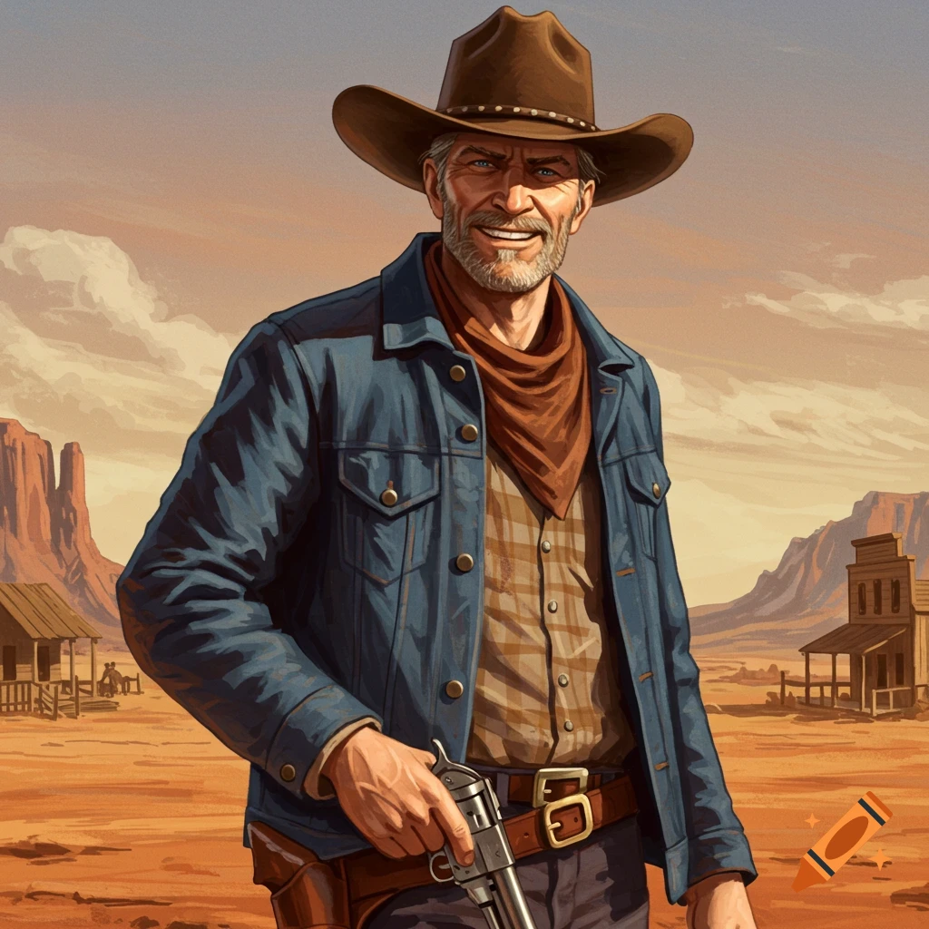 A smiling cowboy in a brown hat and blue jacket, holding a revolver in a desert landscape with Western buildings.