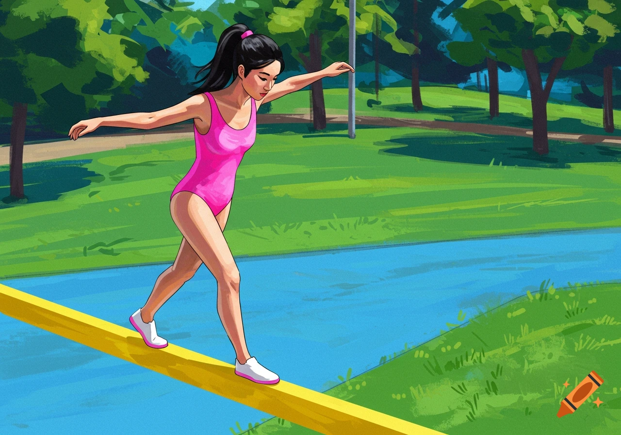 A woman in a pink swimsuit balances on a yellow beam over a blue river in a park, rendered in an illustrative style.
