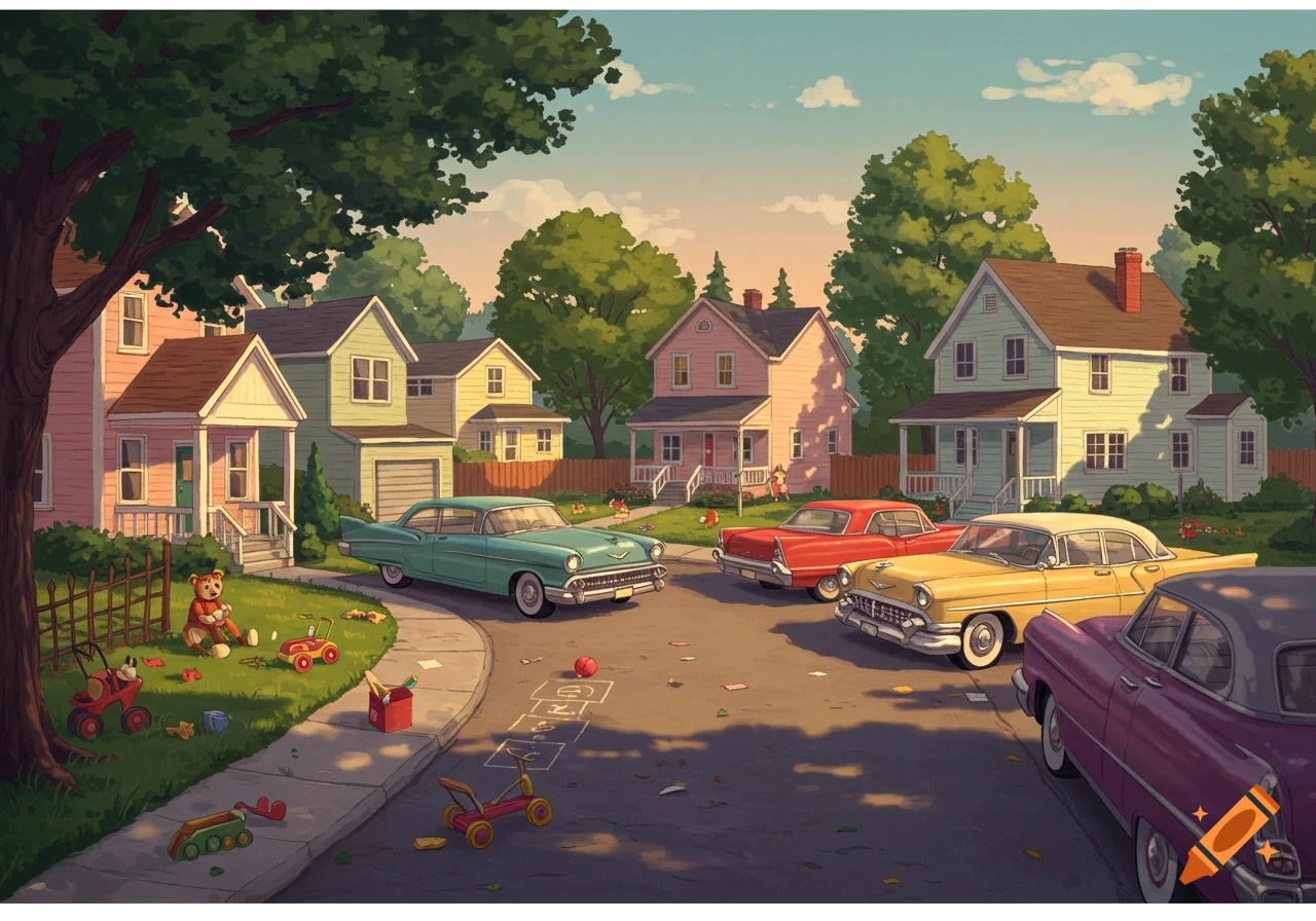 A nostalgic, colorful illustration of a suburban cul-de-sac with vintage cars, pastel houses, and children's toys on a sunny day.