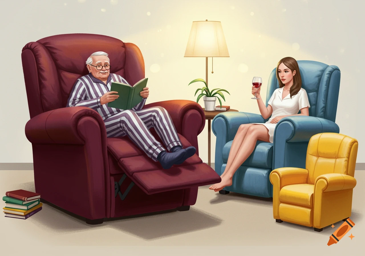 Illustrated scene of an elderly man reading in a red recliner and a young woman drinking wine in a blue recliner, with a small yellow chair nearby in a cozy living room.