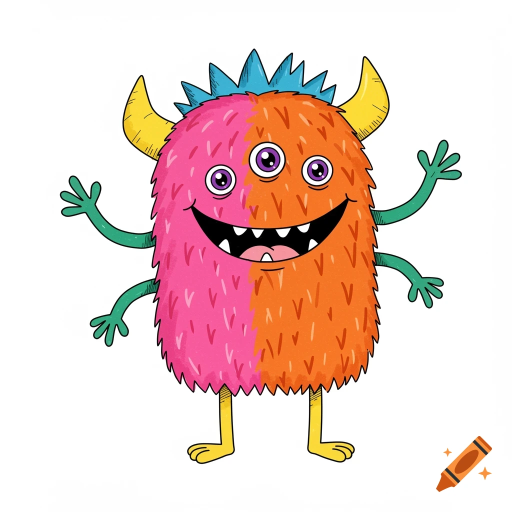 A friendly, colorful cartoon monster with pink and orange fur, three purple eyes, yellow horns, blue spikes, six green arms, and a wide smile.