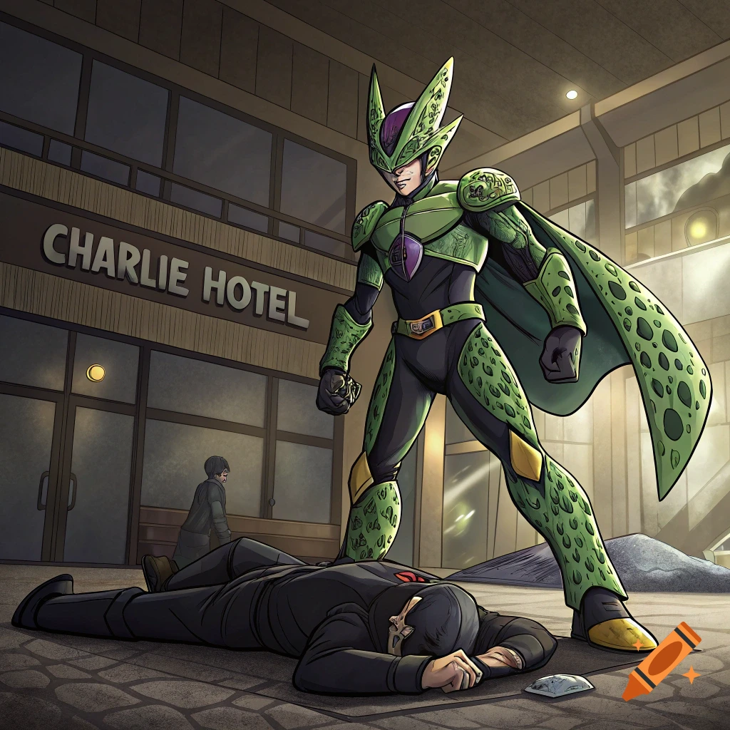 Cell, a green and purple character, stands triumphantly over a defeated figure outside a building labeled 'CHARLIE HOTEL' in an anime art style.