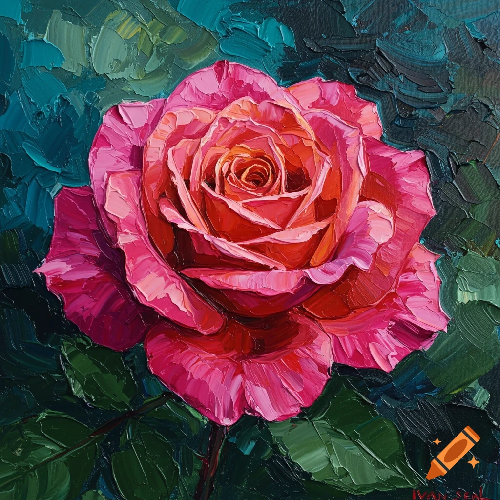 Close-up impasto painting of a vibrant pink rose with green leaves on a dark background.
