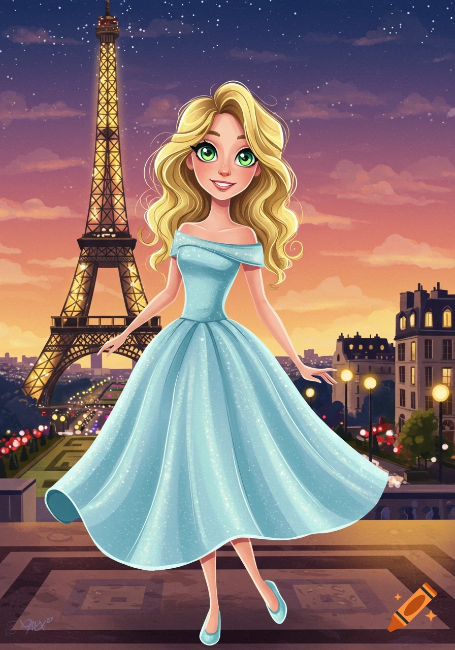 Cartoon of a blonde girl in a blue dress smiling in front of the Eiffel Tower at sunset.