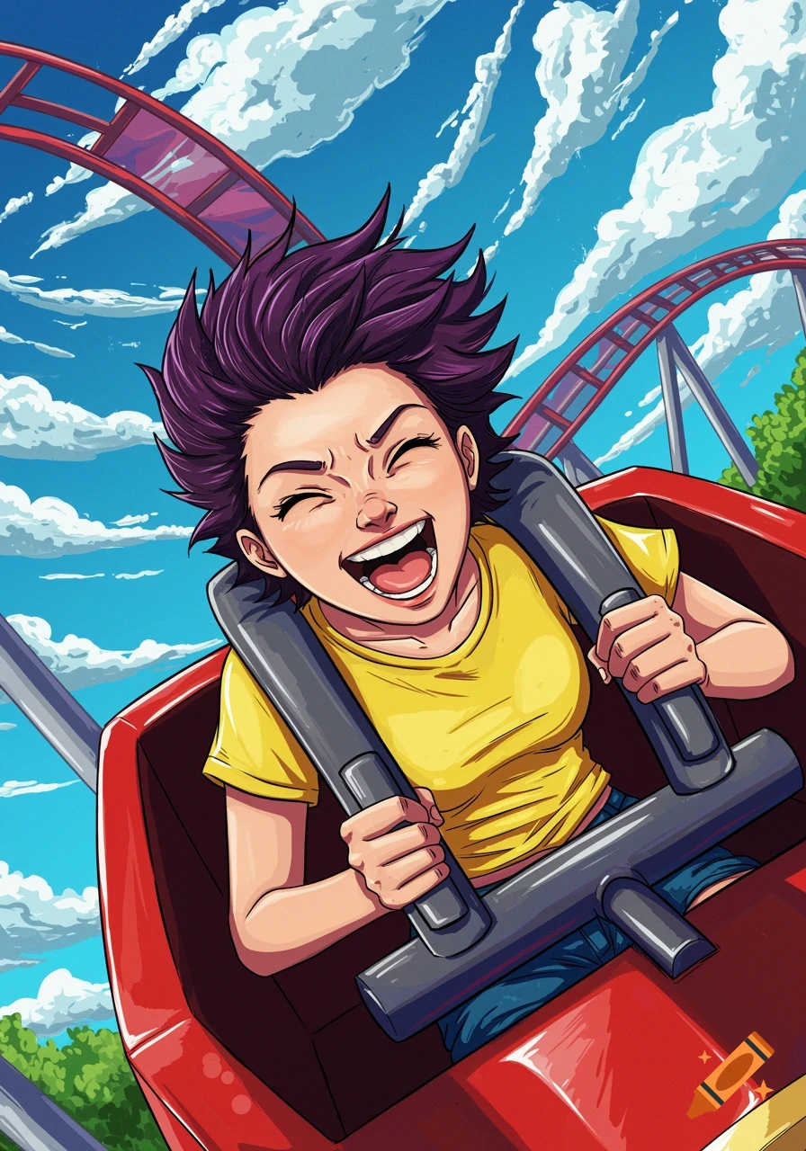 Cartoon illustration of a girl with purple hair joyfully screaming on a red roller coaster against a blue sky.