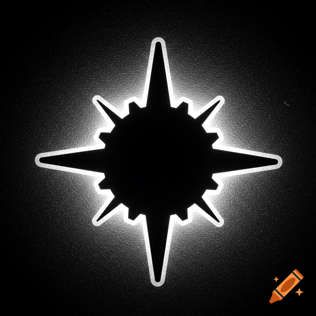 A black, gear-shaped insignia with white glowing borders and radiating light beams on a dark background.