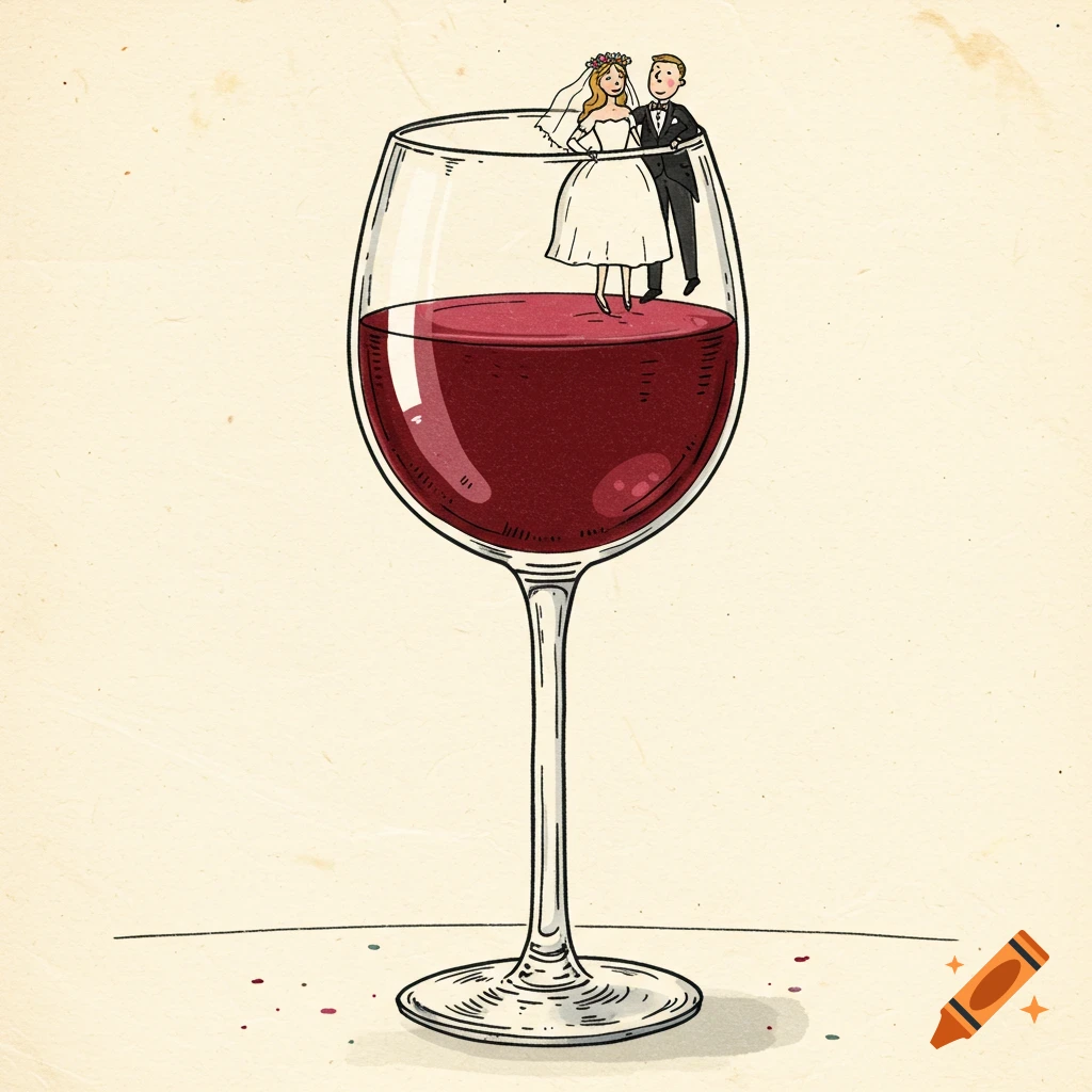 Hand-drawn illustration of a bride and groom standing on the rim of a large glass of red wine.