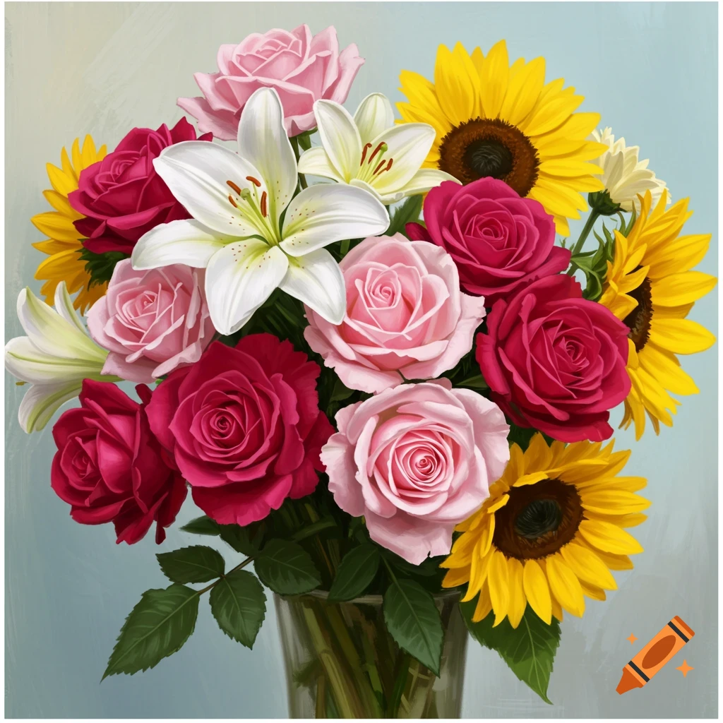 A vibrant bouquet of pink and red roses, white lilies, and yellow sunflowers in a glass vase.
