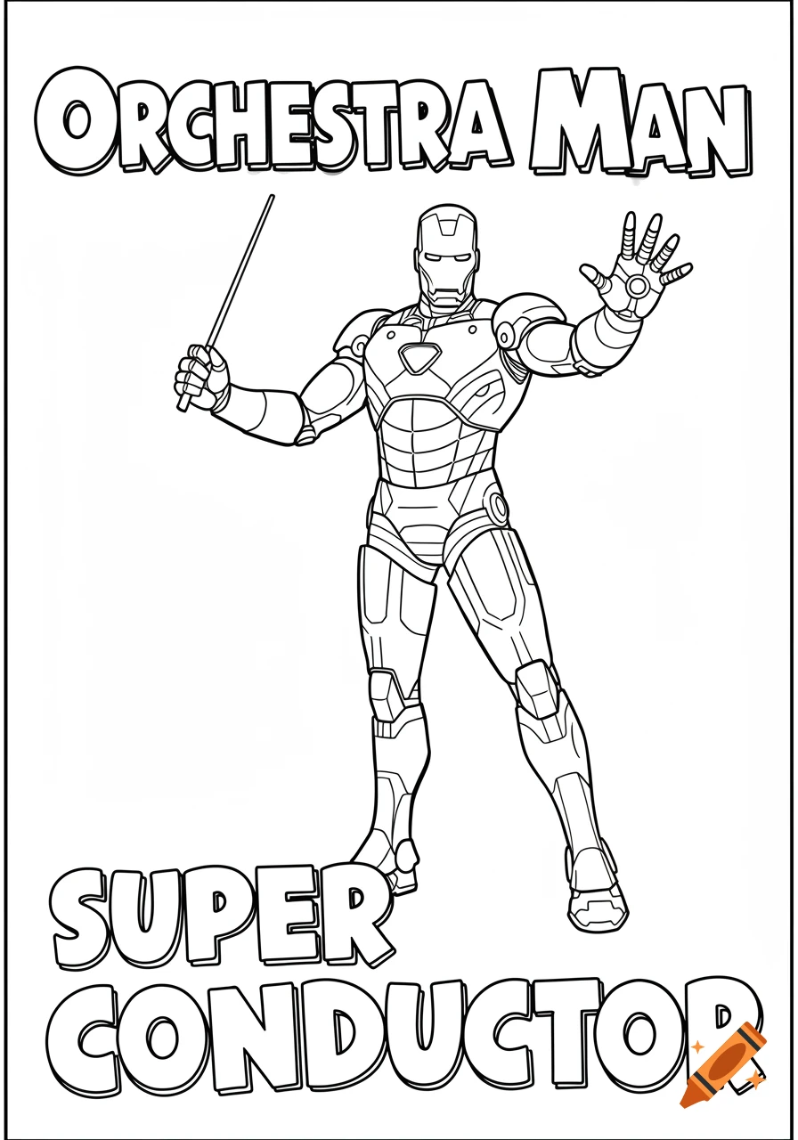 Black and white line art of Iron Man as an orchestra conductor with 'Orchestra Man' and 'Super Conductor' text, for coloring.