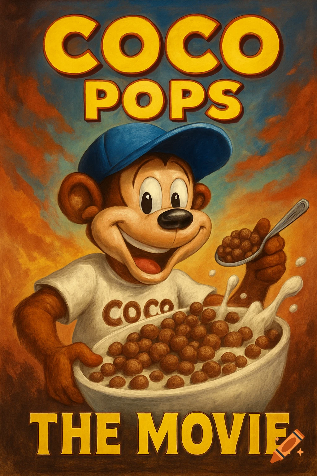 Cartoon movie poster for Coco Pops featuring a smiling monkey in a blue cap holding a bowl of cereal and a spoonful.