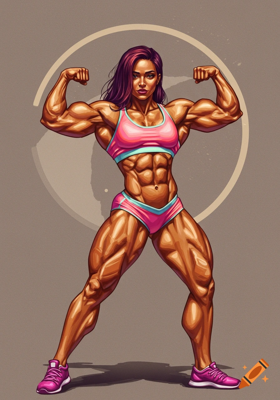Illustration of a very muscular woman in a pink sports bra and shorts, flexing her biceps against a plain background.