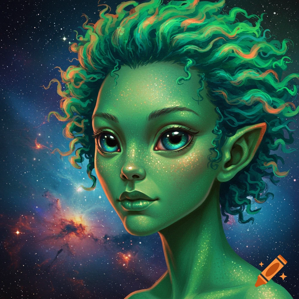 A green-skinned alien with curly green and orange hair, large blue eyes, and pointy ears against a starry cosmic background.