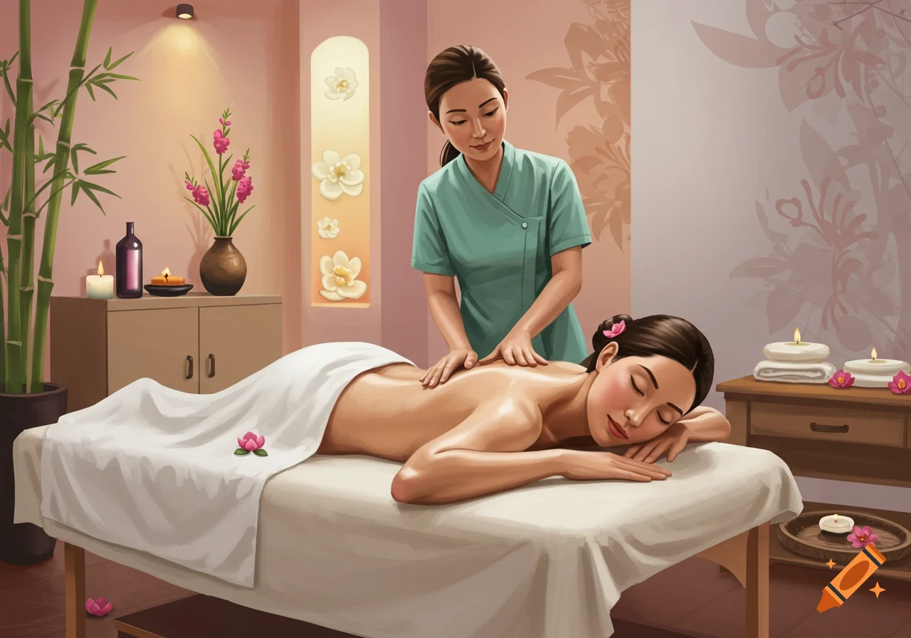 A woman receives a back massage from a therapist in a serene spa room with bamboo, flowers, and candles.