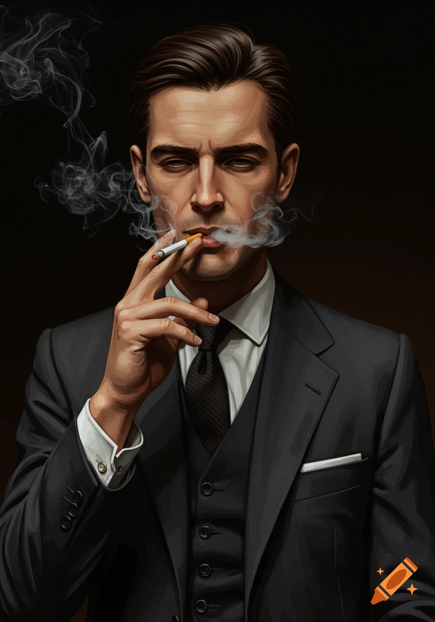 A stylish illustration of a man in a suit smoking a cigarette, with smoke rising around his face on a dark background.