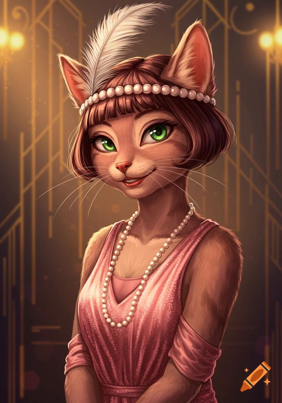 A stylish anthropomorphic cat wearing a pink 1930s flapper dress and pearl headband with a feather.