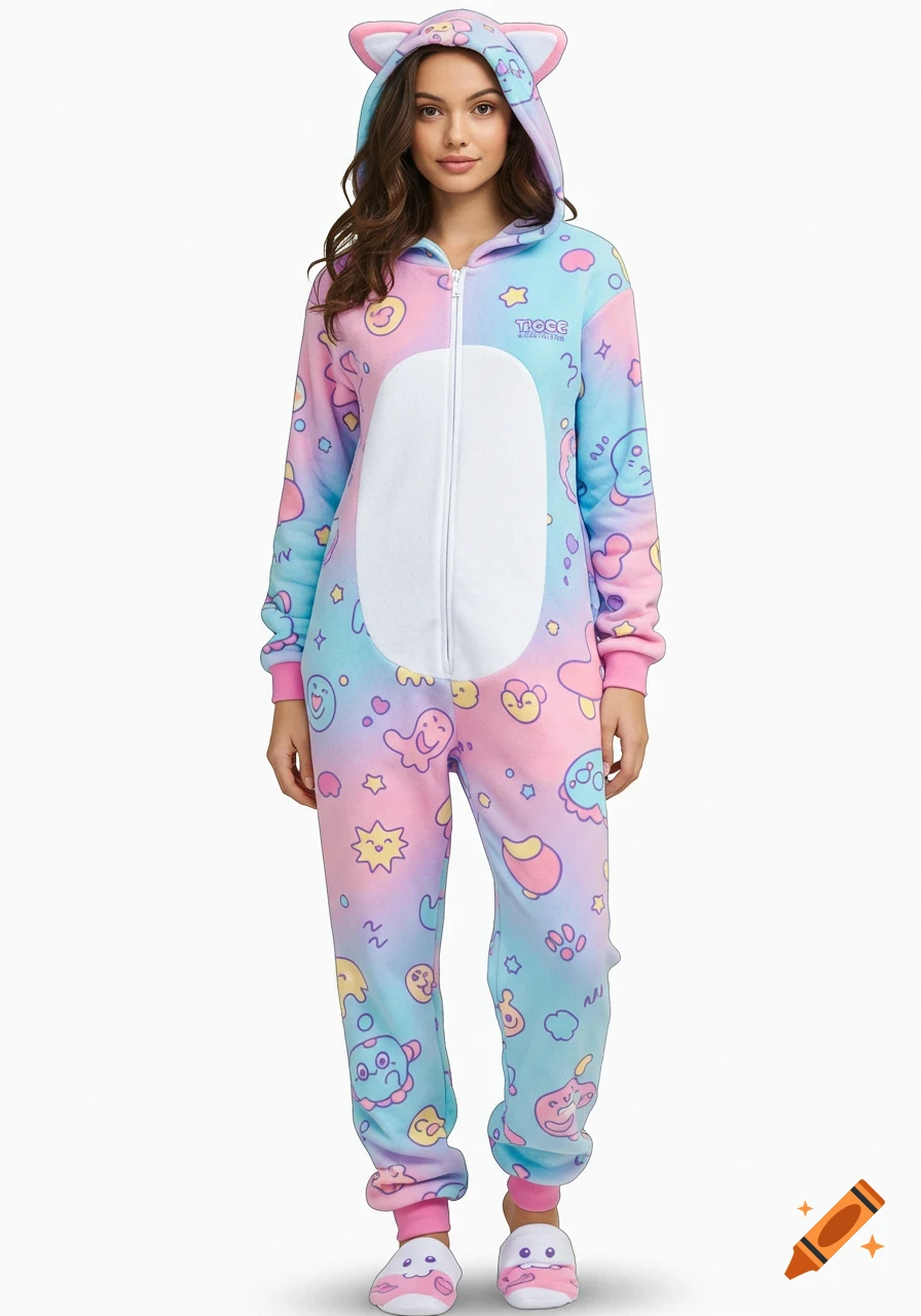 A young woman wearing a pastel tie-dye cat onesie with cute cartoon characters and matching slippers.