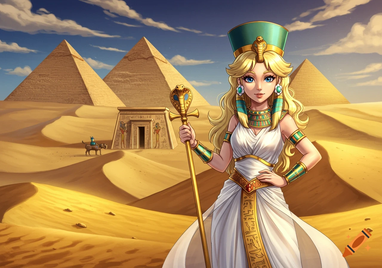 A blonde cartoon queen in Egyptian attire holding a staff stands in a desert with pyramids under a blue sky.
