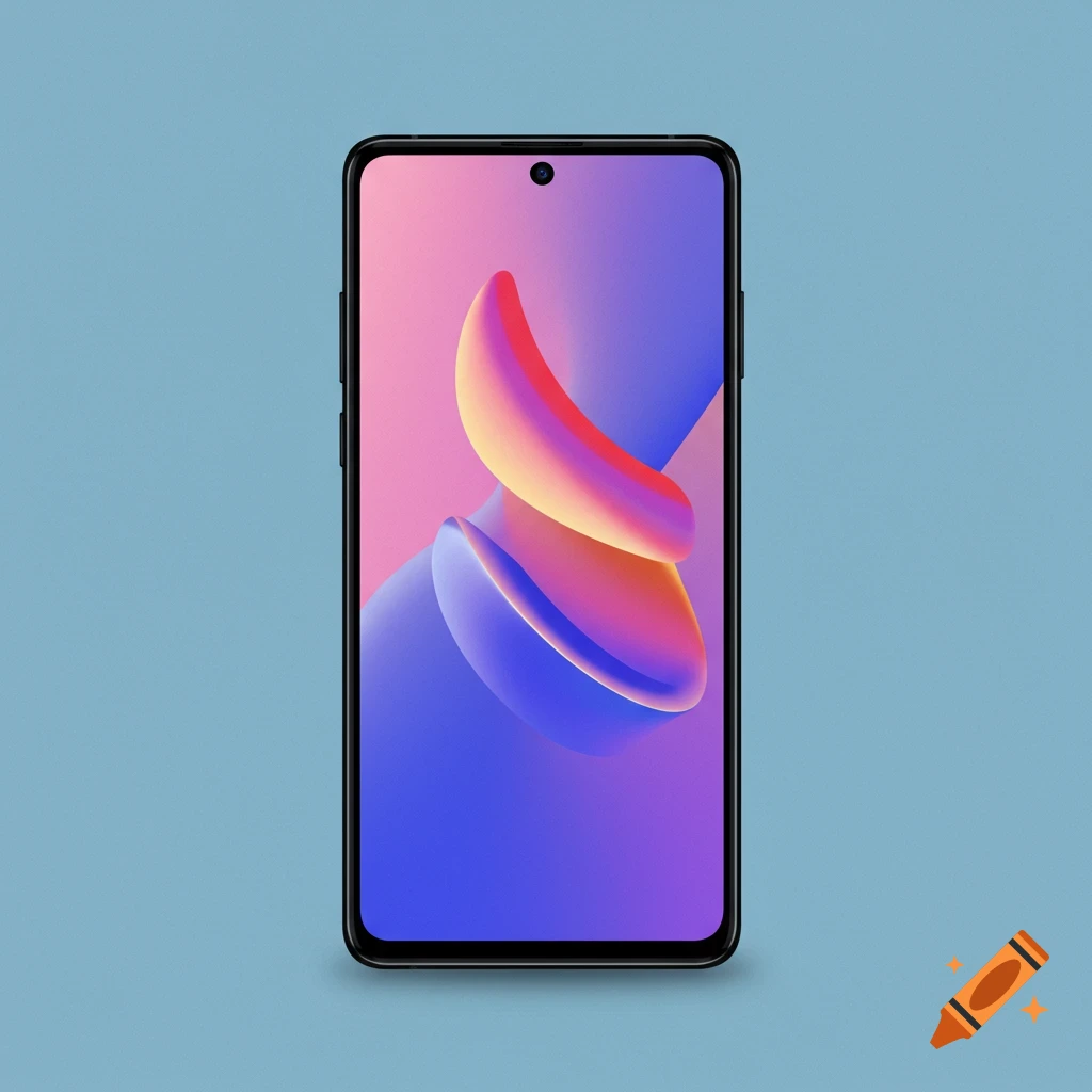 A black smartphone with a vibrant abstract wallpaper on its screen, centered against a light blue background.