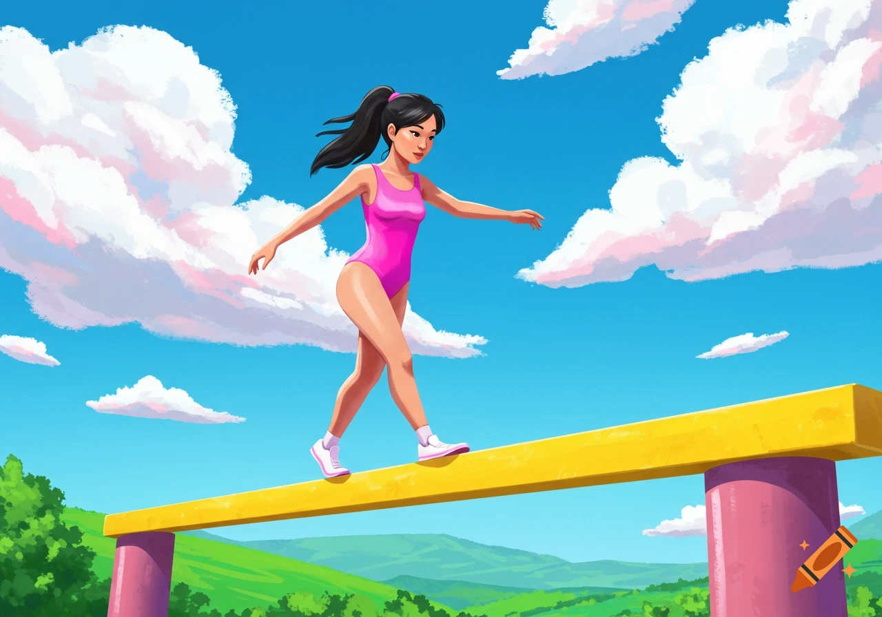 A woman in a pink leotard balances on a yellow beam outdoors under a bright blue sky with white and pink clouds, in a vibrant illustration.
