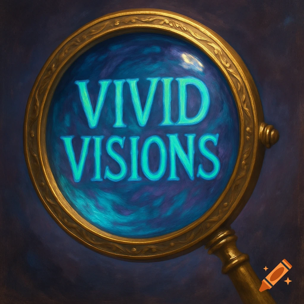 Close-up of an ornate gold looking glass with 'VIVID VISIONS' in glowing teal text inside a swirling blue and purple lens. Painterly background.