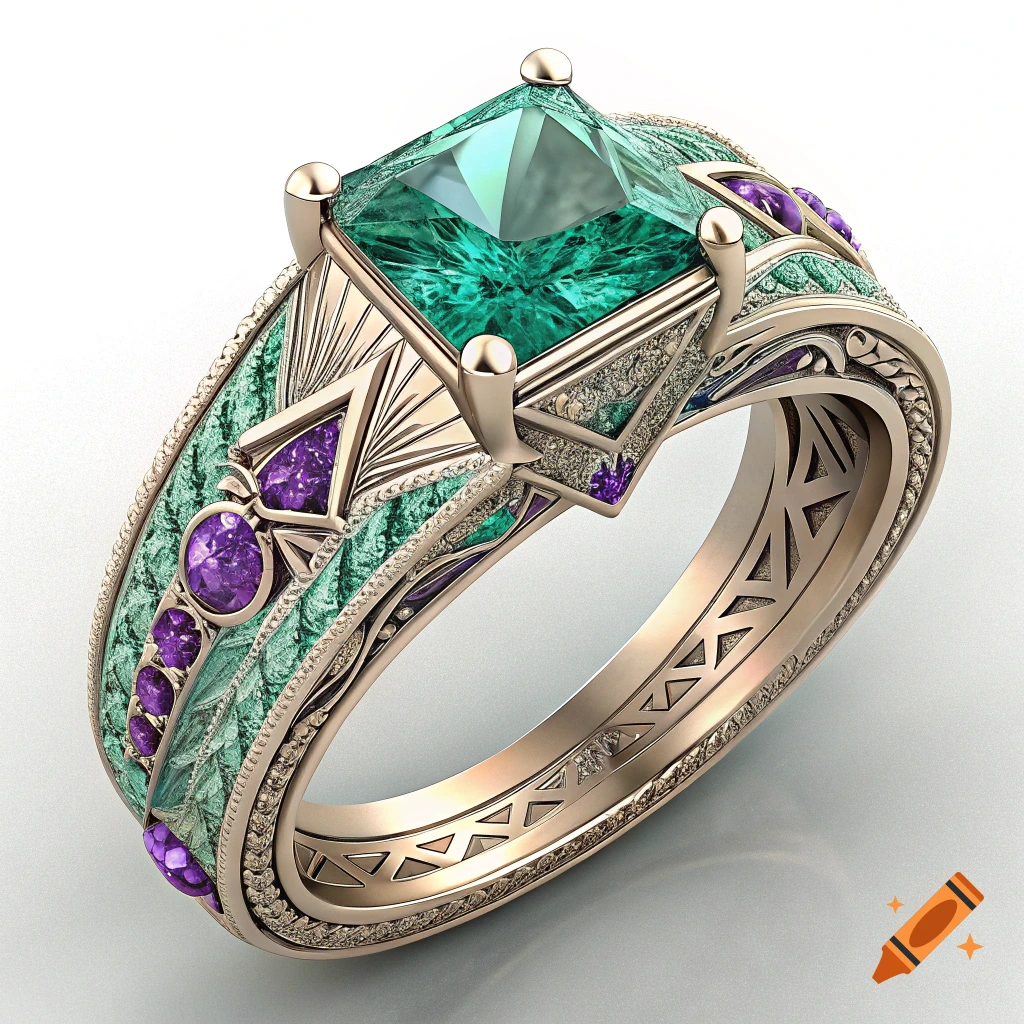 A photorealistic gold ring with a large square green emerald, purple amethyst accents, and intricate designs on the band.