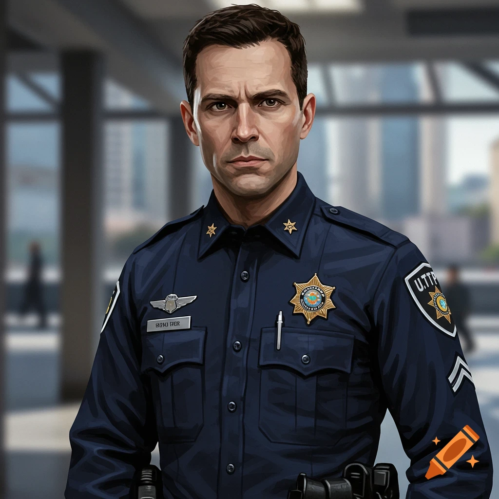A serious-looking male police officer in a dark blue uniform with gold badges and a name tag, standing in a blurred indoor setting, depicted in a detailed illustration style.