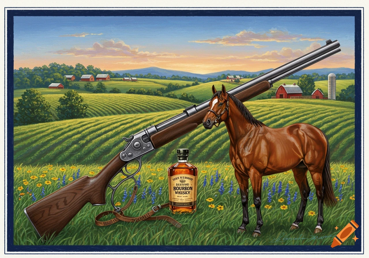 An illustrated rural landscape with a brown horse, a long rifle, and a bottle of bourbon whiskey in the foreground.