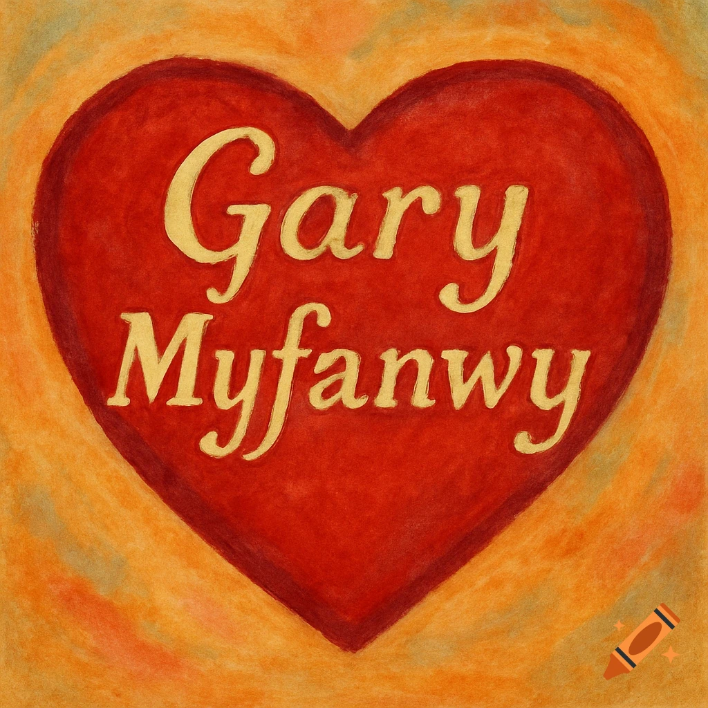 A red heart with the names "Gary Myfanwy" written in gold cursive on an orange and yellow background.