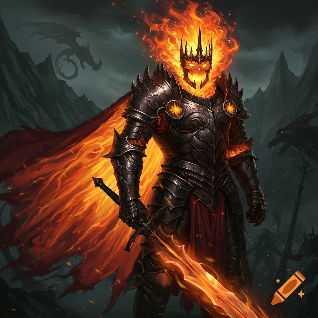 An intimidating king in dark armor with a head and cape made of fire, holding a fiery sword, against a backdrop of mountains and subtle dragon figures.
