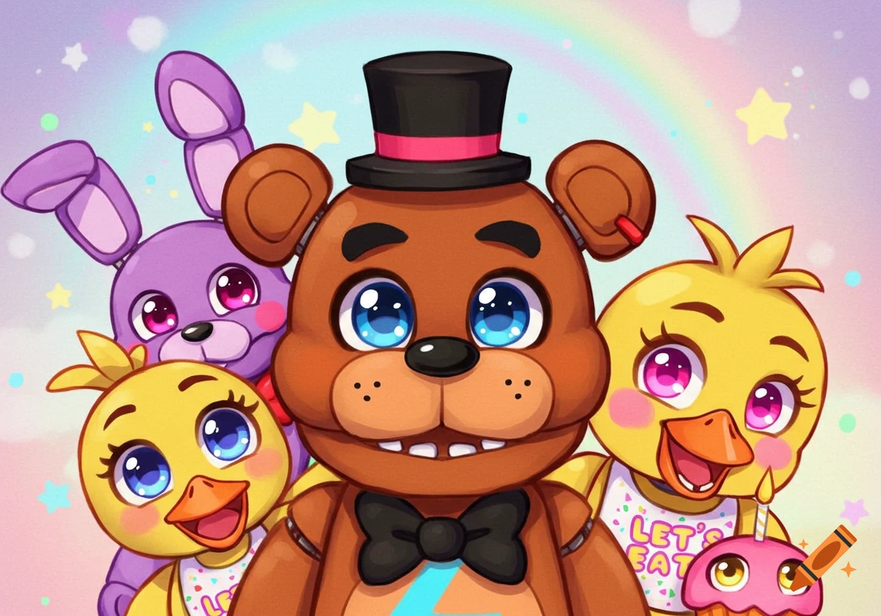 Cute cartoon Freddy Fazbear, Bonnie, and Chica from FNAF, smiling in front of a pastel rainbow and stars.