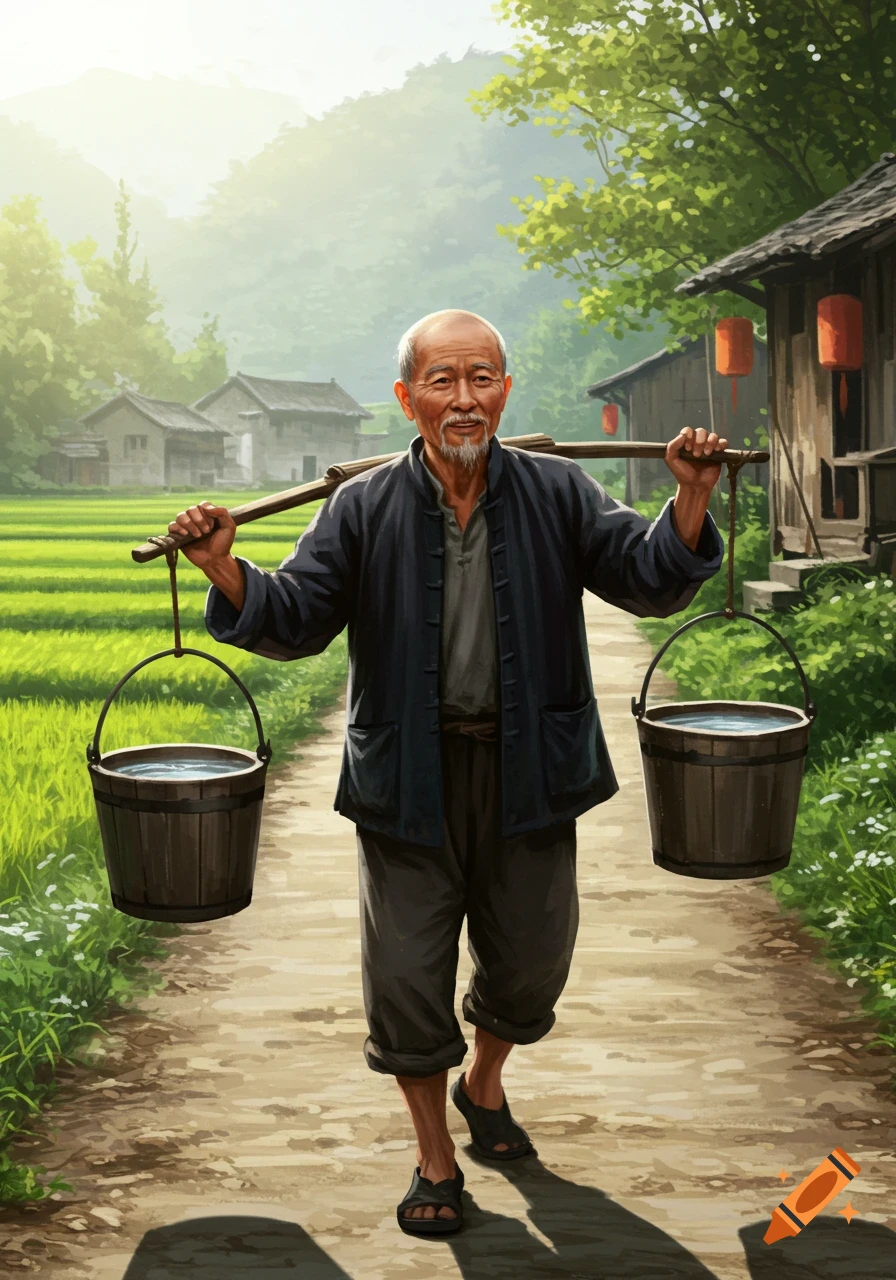 An elderly Chinese man with a white beard carries two water buckets with a yoke over his shoulders on a dirt path, with rice paddies and village houses in the background.