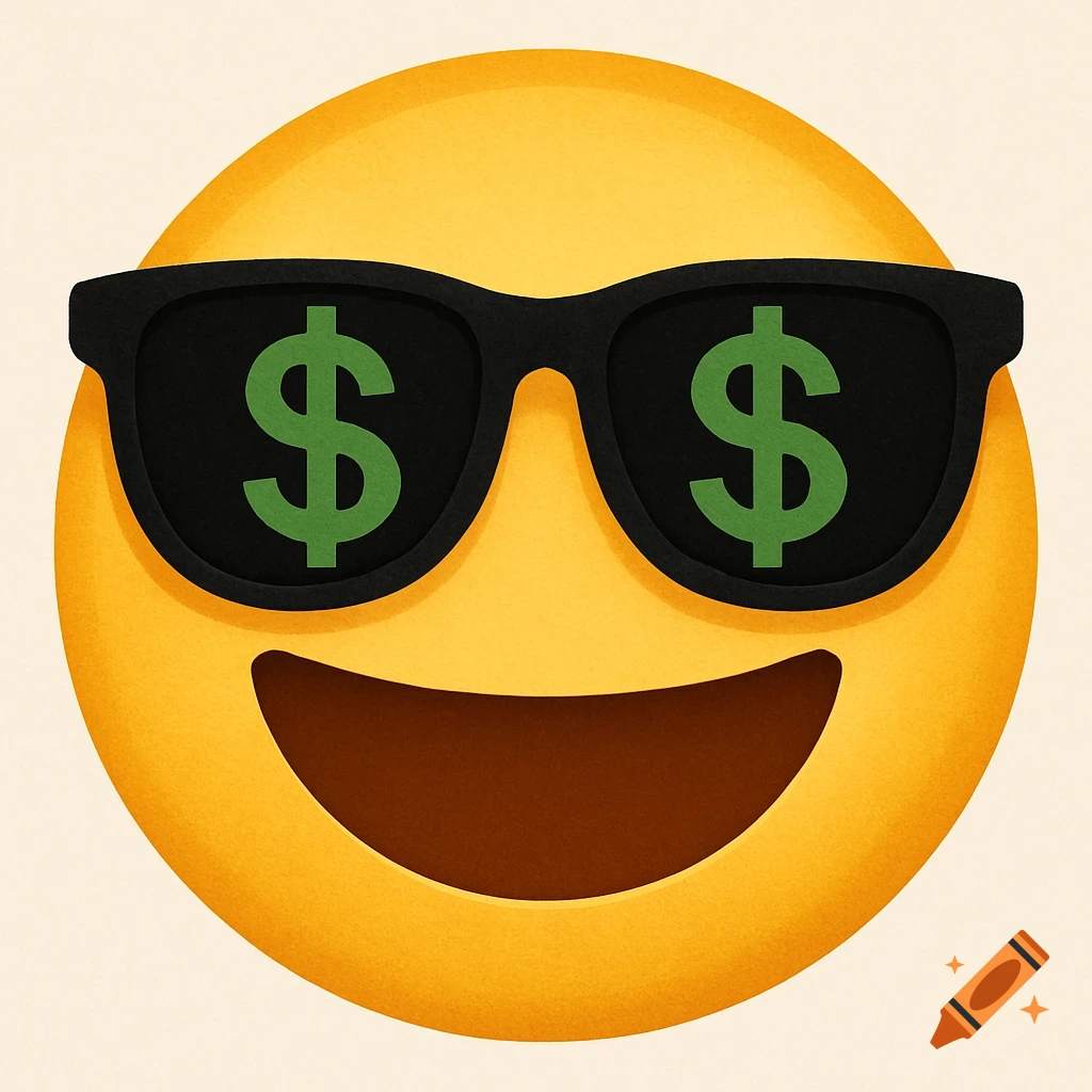 A yellow smiling emoji wearing black sunglasses with green dollar signs in the lenses.
