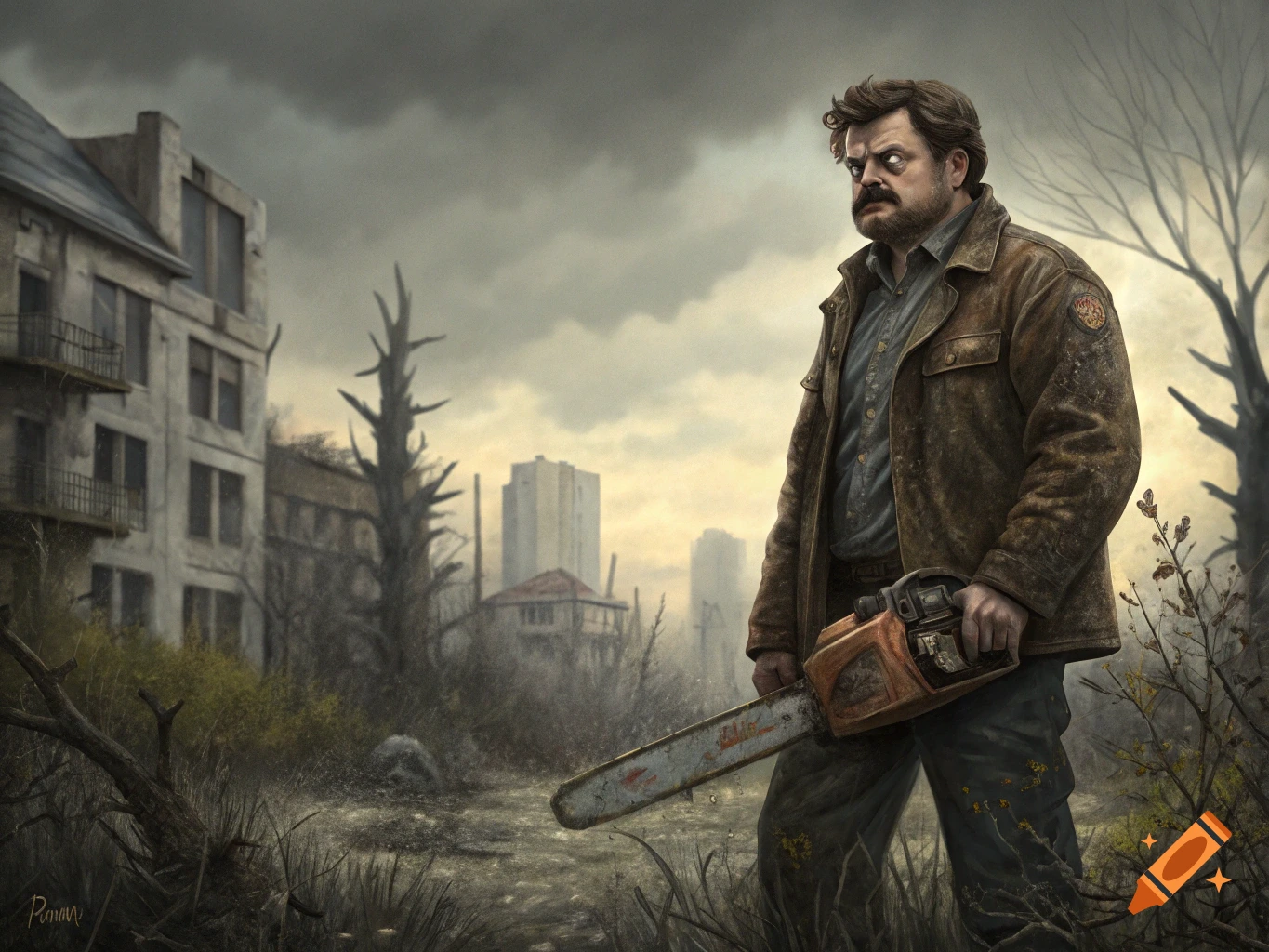 Ron Swanson holds a chainsaw in a gritty post-apocalyptic landscape with ruined buildings under a cloudy sky.