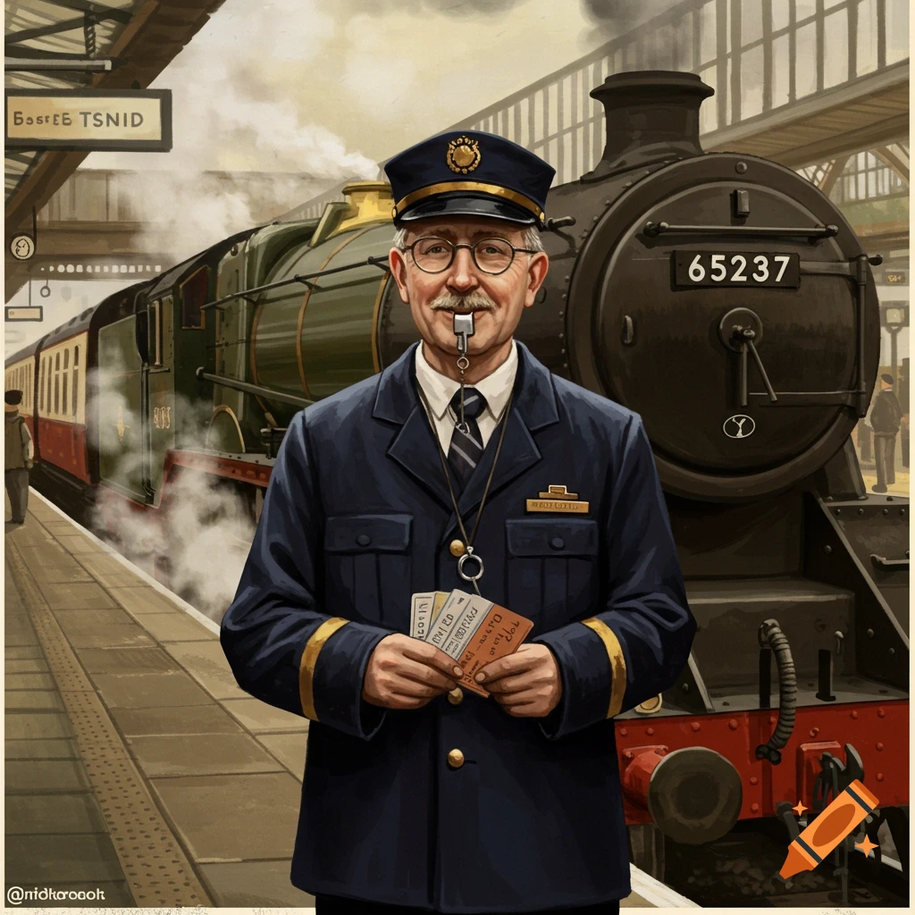 A vintage-style illustration of an older man dressed as a train conductor holding tickets and a whistle, standing on a platform next to a large steam locomotive.