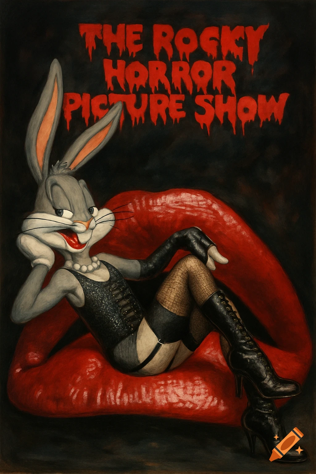 Bugs Bunny in a black corset and fishnets, lounging on giant red lips under 'THE ROCKY HORROR PICTURE SHOW' title.