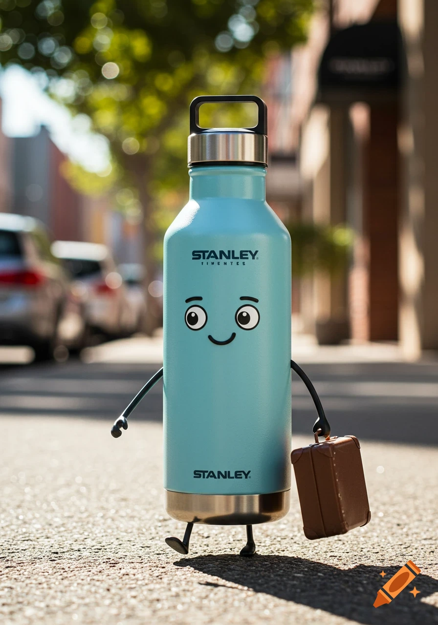 A light blue Stanley water bottle with cartoon eyes, mouth, arms, and legs walks on a sidewalk holding a tiny brown suitcase, in a photorealistic style.