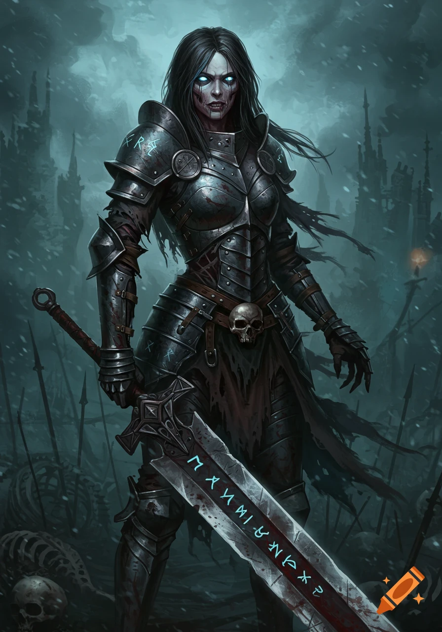 A female undead warrior in dark armor holds a glowing runic sword in a snowy, gothic fantasy landscape.