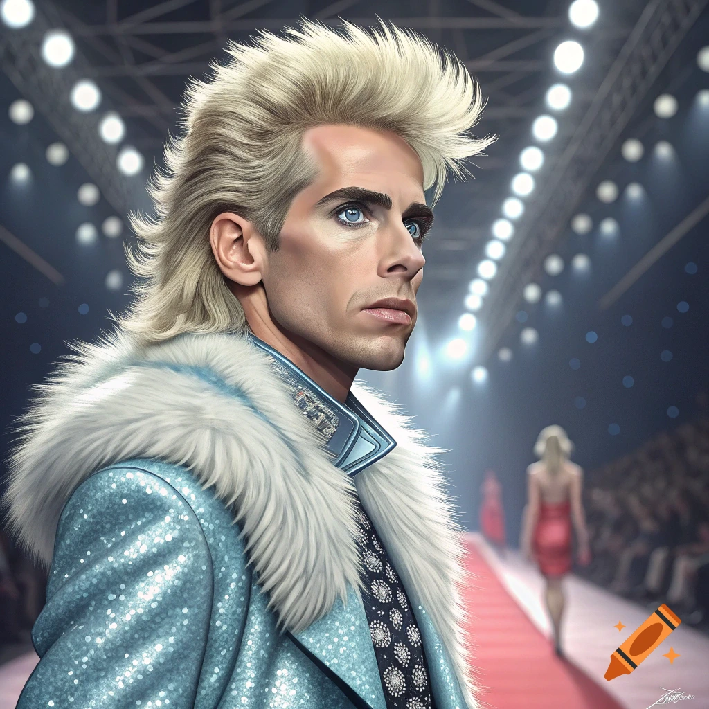 A man resembling Derek Zoolander with spiky blonde hair, blue eyes, wearing a sparkly blue jacket and fur collar, walks a red runway.