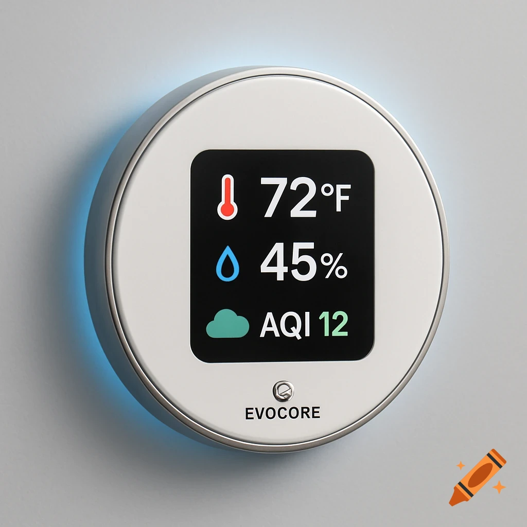 A close-up of a circular white smart home thermostat displaying 720F, 45% humidity, and AQI 12, with a blue glow.