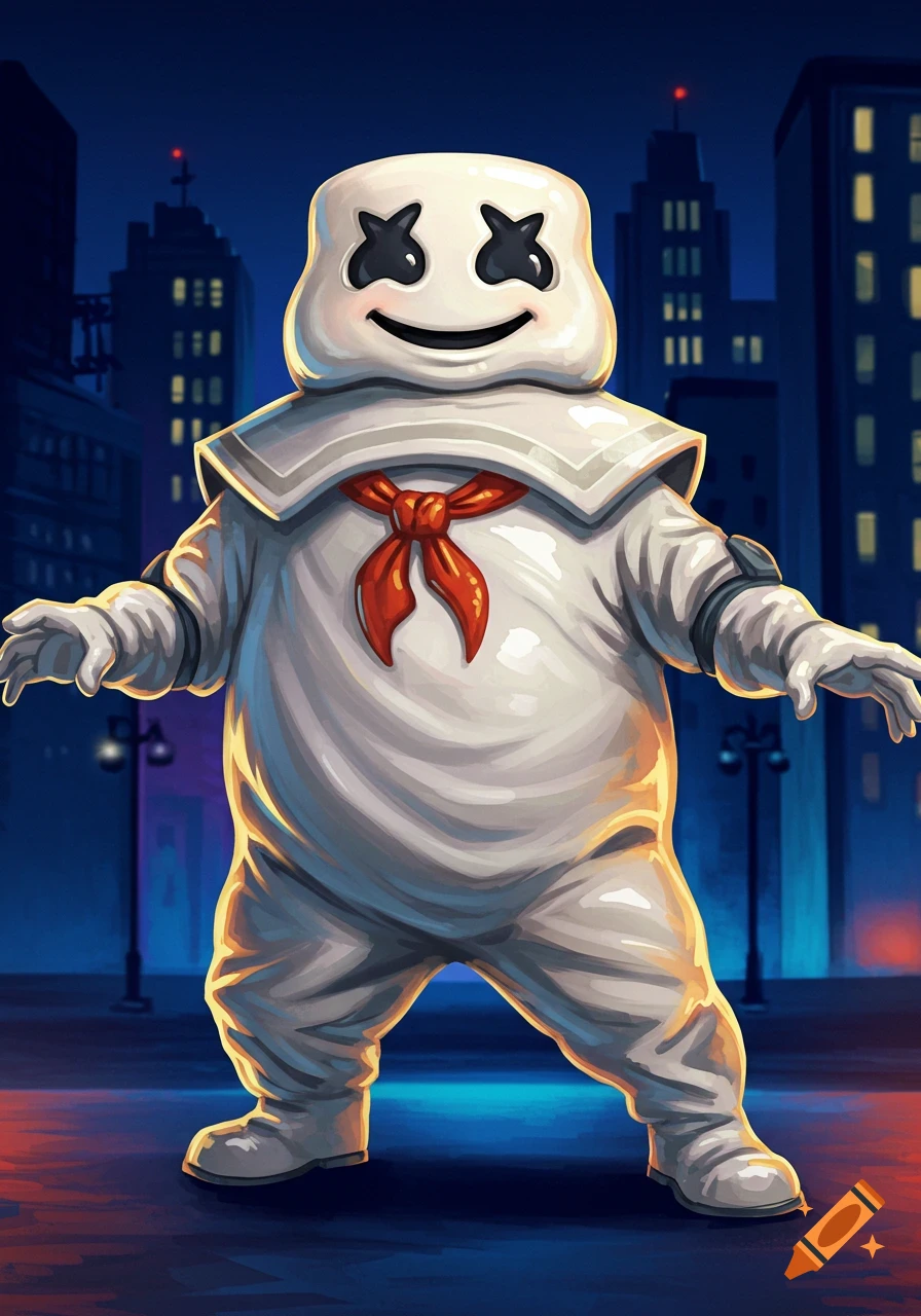 A cartoon illustration of the Stay Puft Marshmallow Man standing on a city street at night.