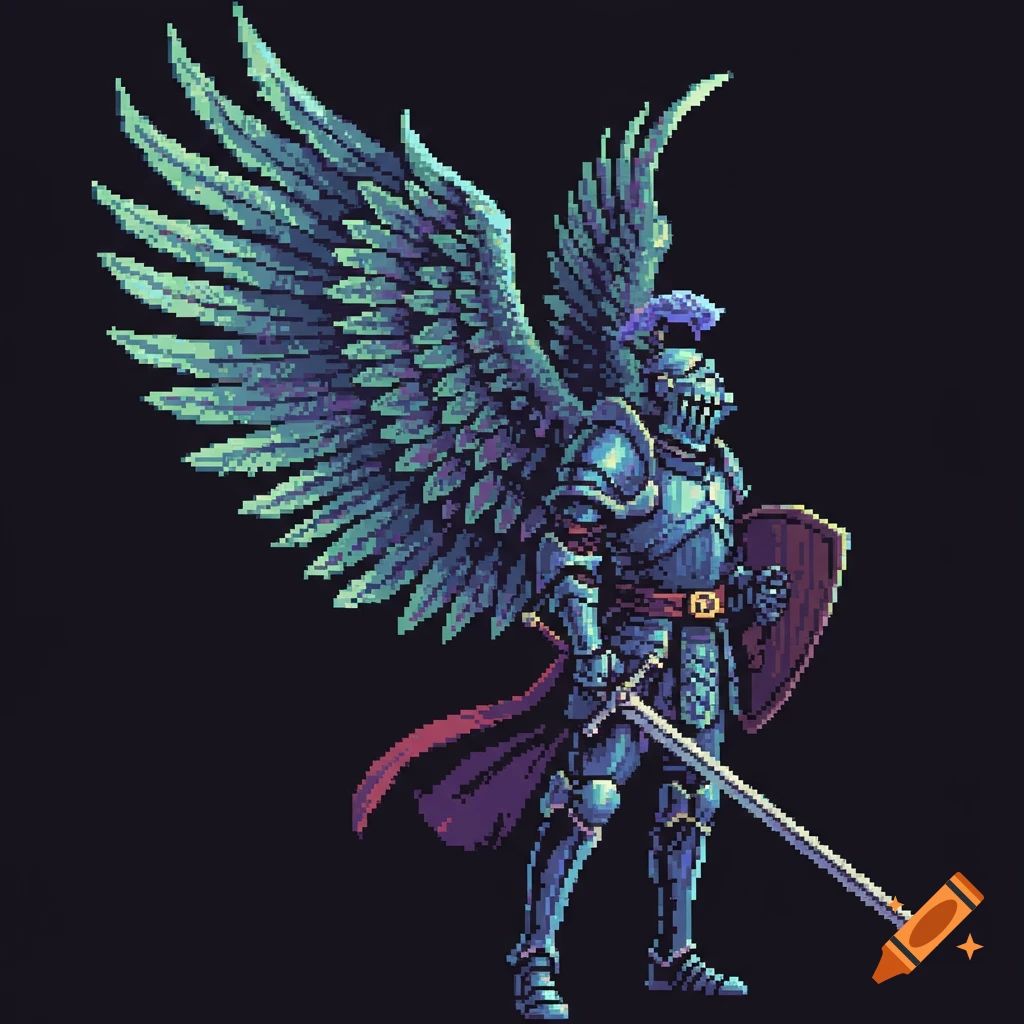 Pixel art knight in blue armor with large teal wings, holding a sword and shield, on a dark background.