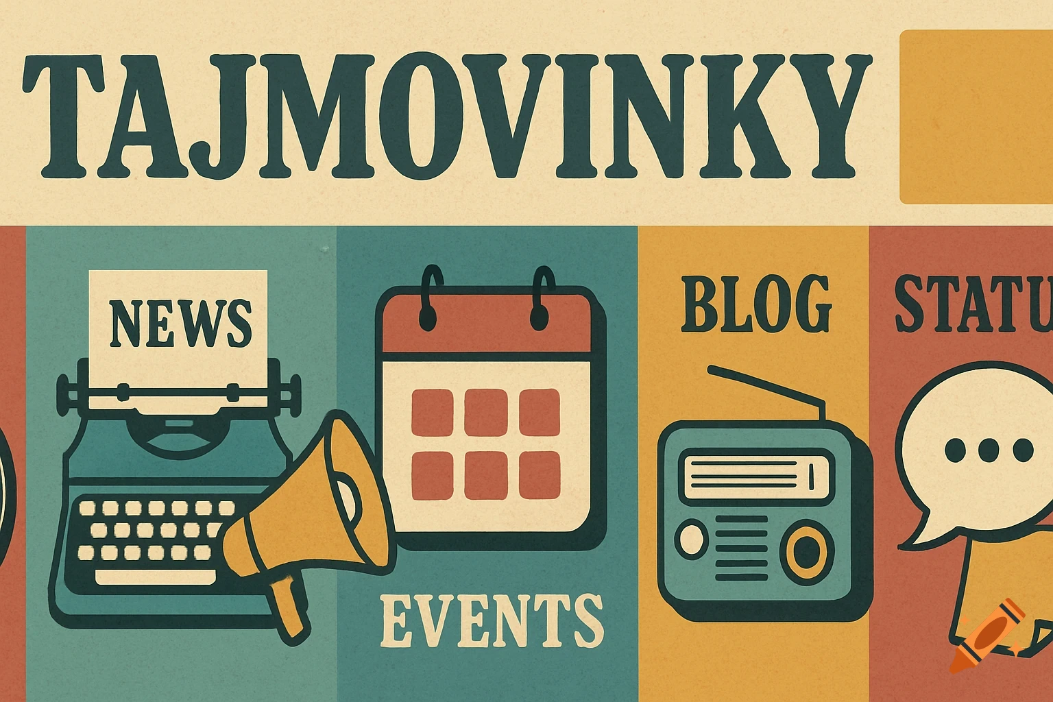 A retro-style banner with the title 'TAJMOVINKY' and sections for news, events, blog, and status, each with a corresponding icon like a typewriter, calendar, radio, and speech bubble.