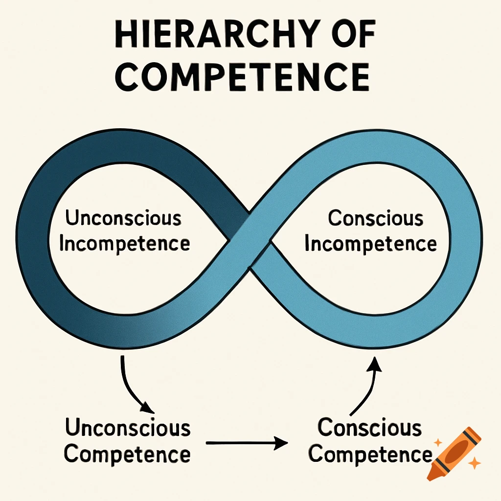 A diagram titled 'Hierarchy of Competence' uses an infinity symbol to illustrate four stages: Unconscious Incompetence, Conscious Incompetence, Unconscious Competence, and Conscious Competence.