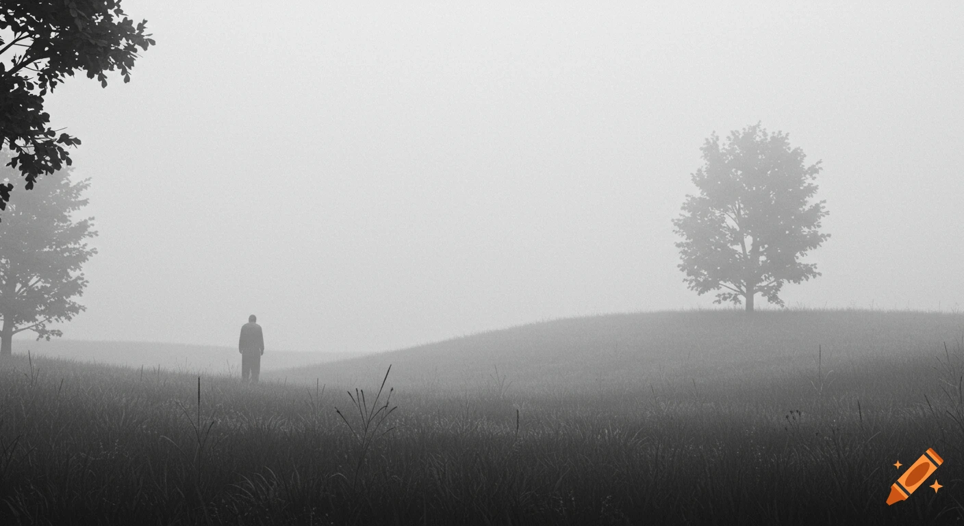 A black and white image of a lone figure standing in a foggy, grassy field with trees in the distance.