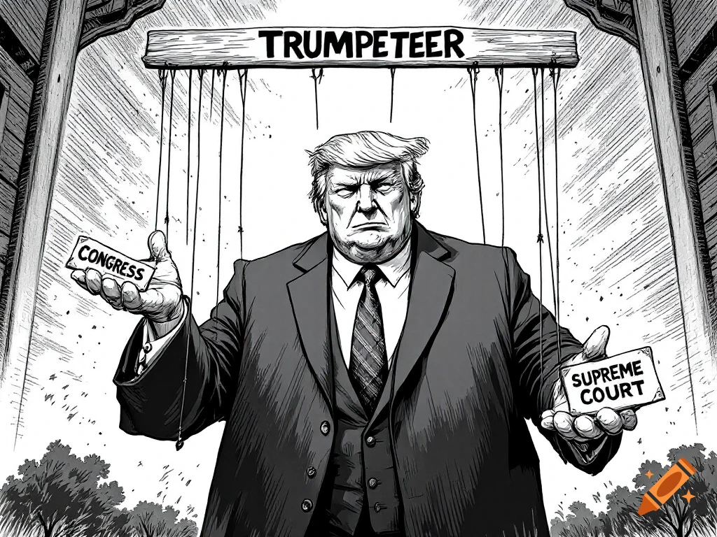 Black and white political cartoon of Donald Trump as a puppeteer, holding signs for 'Congress' and 'Supreme Court'.