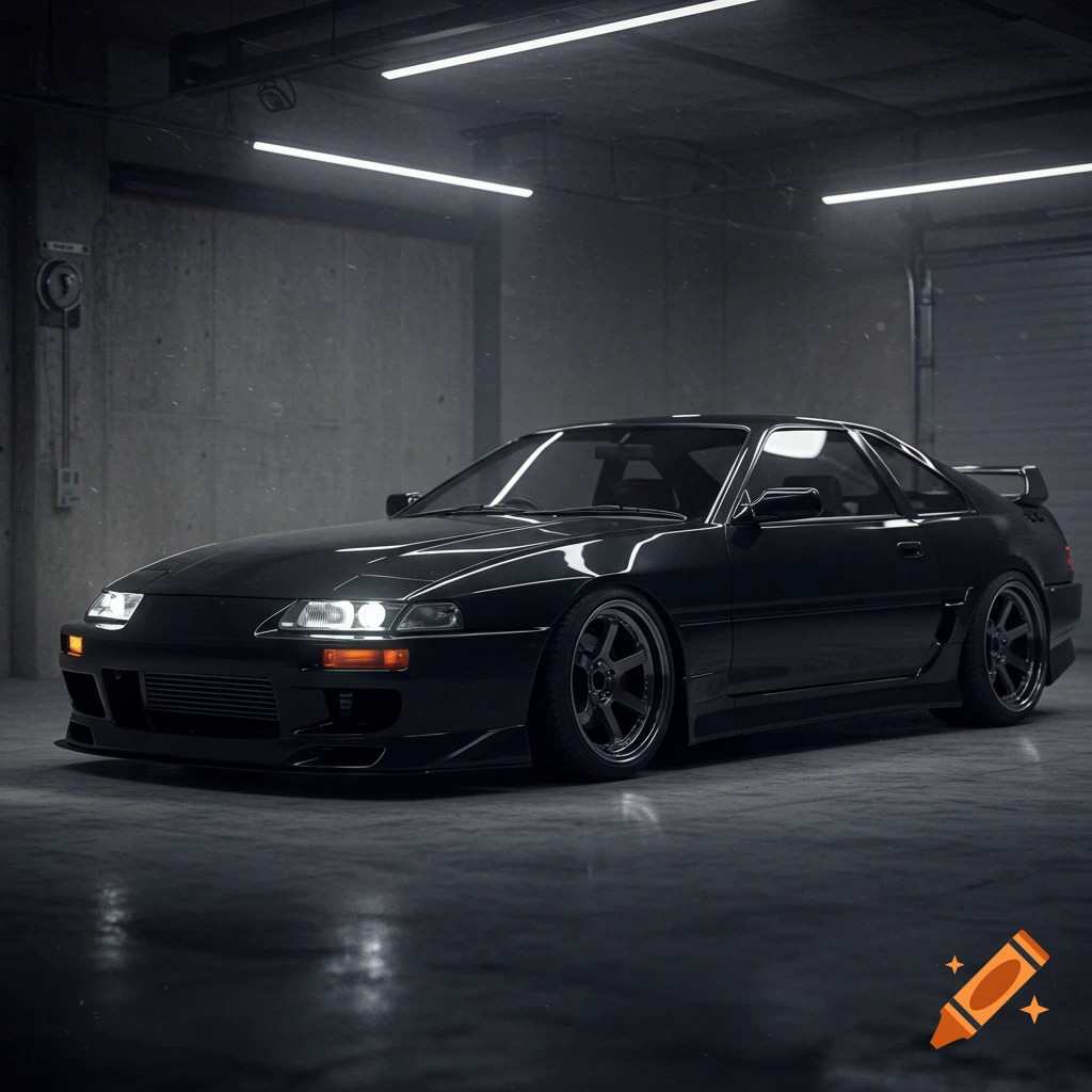 A sleek black sports car with its headlights on, parked in a dimly lit concrete garage.