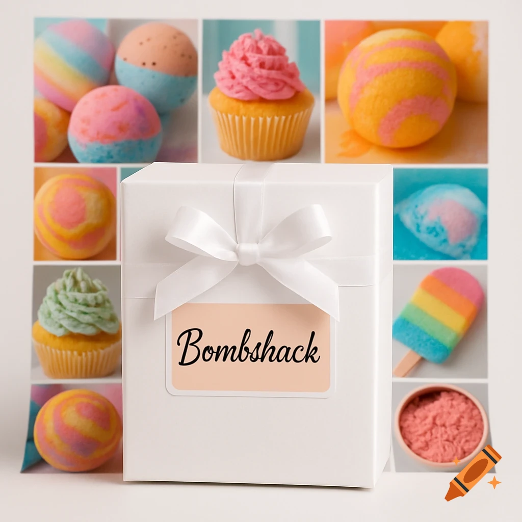 White gift box with 'Bombshack' label, surrounded by colorful bath bombs, cupcakes, popsicle, and bath salts in a collage.