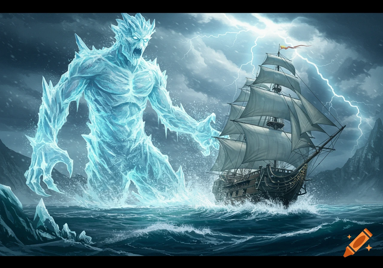 A gigantic, glowing ice elemental rises from the stormy ocean next to a sailing ship under a lightning-filled sky.