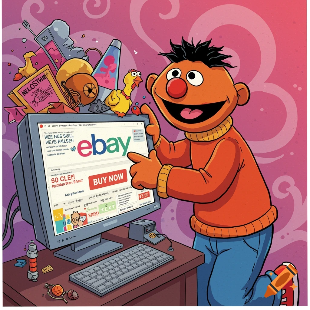 Cartoon illustration of Ernie from Sesame Street happily looking at an old computer monitor displaying the eBay website, surrounded by various random objects.
